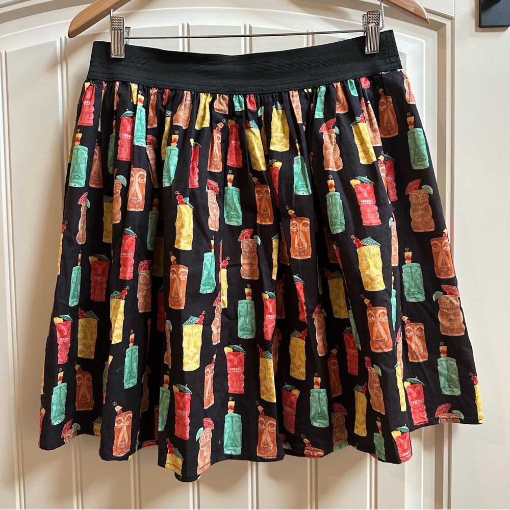 Hemet Tiki Cocktail Print Skater Skirt Large Black Cotton Retro Pinup USA